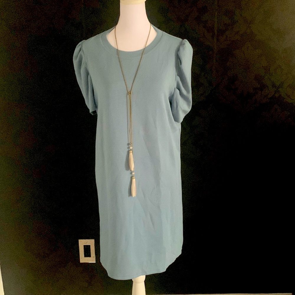 Pale blue T-shirt dress.